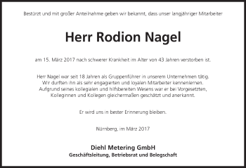 Traueranzeige von Rodion Nagel von Gesamtausgabe Nürnberger Nachrichten/ Nürnberger Ztg.
