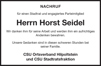 Traueranzeige von Horst Seidel von Roth-Hilpoltsteiner Volkszeitung Lokal