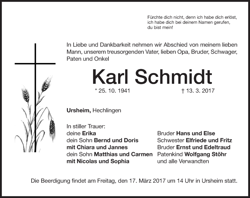  Traueranzeige für Karl Schmidt vom 16.03.2017 aus Altmühl-Bote Lokal