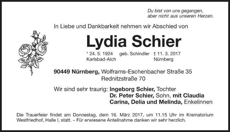  Traueranzeige für Lydia Schier vom 15.03.2017 aus Gesamtausgabe Nürnberger Nachrichten/ Nürnberger Ztg.