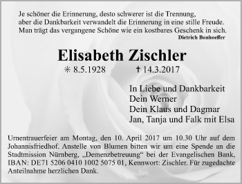 Traueranzeige von Elisabeth Zischler von Gesamtausgabe Nürnberger Nachrichten/ Nürnberger Ztg.