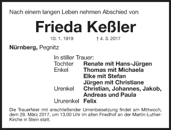 Traueranzeige von Frieda Keßler von Gesamtausgabe Nürnberger Nachrichten/ Nürnberger Ztg.