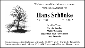Traueranzeige von Hans Schönke von Erlanger Nachrichten Lokal