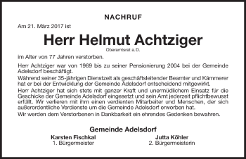 Traueranzeige von Helmut Achtziger von Nordbayerische Nachrichten Herzogenaurach Lokal