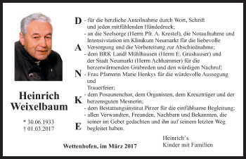Traueranzeige von Heinrich Weixelbaum von Neumarkter Nachrichten Lokal