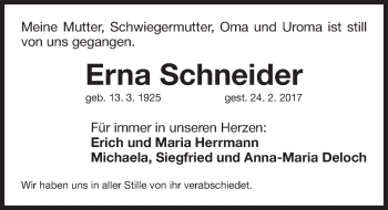 Traueranzeige von Erna Schneider von Fürther Nachrichten Lokal