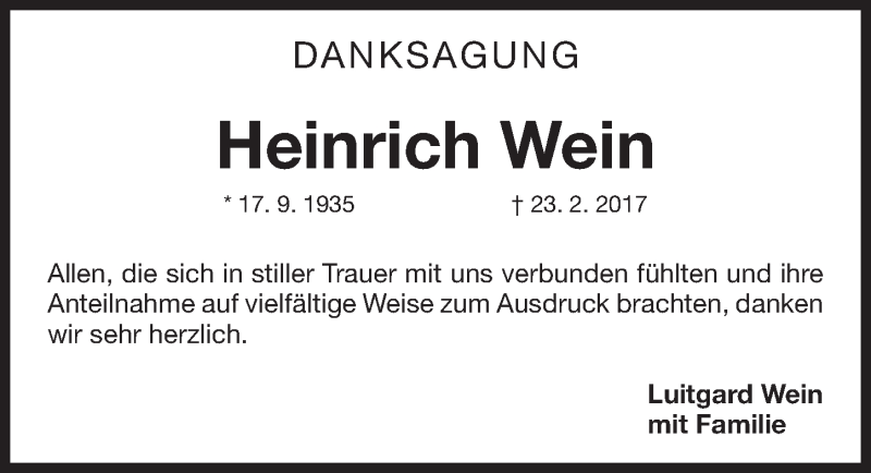  Traueranzeige für Heinrich Wein vom 25.03.2017 aus Erlanger Nachrichten Lokal
