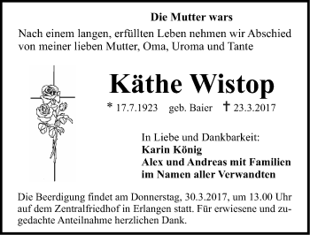 Traueranzeige von Käthe Wistop von Erlanger Nachrichten Lokal
