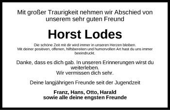 Traueranzeige von Horst Lodes von Erlanger Nachrichten/ Nordbayer. Nachrichten Forchheim