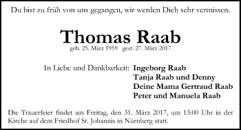 Traueranzeige von Thomas Raab von Gesamtausgabe Nürnberger Nachrichten/ Nürnberger Ztg.
