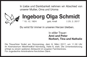 Traueranzeige von Ingeborg Schmidt von Gesamtausgabe Nürnberger Nachrichten/ Nürnberger Ztg.