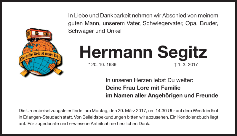  Traueranzeige für Hermann Segitz vom 18.03.2017 aus Erlanger Nachrichten Lokal