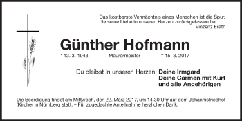 Traueranzeige von Günther Hofmann von Gesamtausgabe Nürnberger Nachrichten/ Nürnberger Ztg.