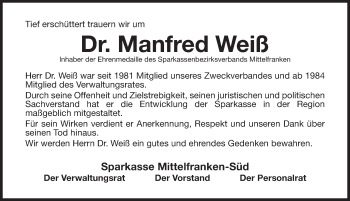 Traueranzeige von Manfred Weiß von Schwabach