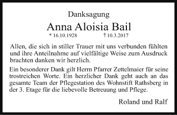 Traueranzeige von Anna Aloisia Bail von Erlanger Nachrichten Lokal