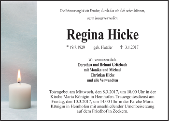 Traueranzeige von Regina Hicke von Nordbayerische Nachrichten Herzogenaurach Lokal