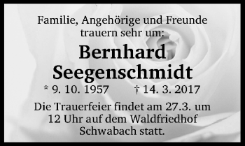 Traueranzeige von Bernhard Seegenschmidt von Fürther Nachrichten Lokal