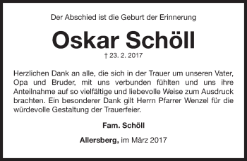 Traueranzeige von Oskar Schöll von Roth-Hilpoltsteiner Volkszeitung Lokal