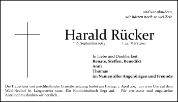 Traueranzeige von Harald Rücker von Gesamtausgabe Nürnberger Nachrichten/ Nürnberger Ztg./ Fürther Nachrichten