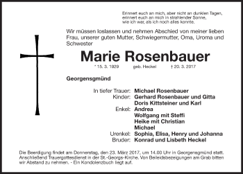 Traueranzeige von Marie Rosenbauer von Roth-Hilpoltsteiner Volkszeitung Lokal