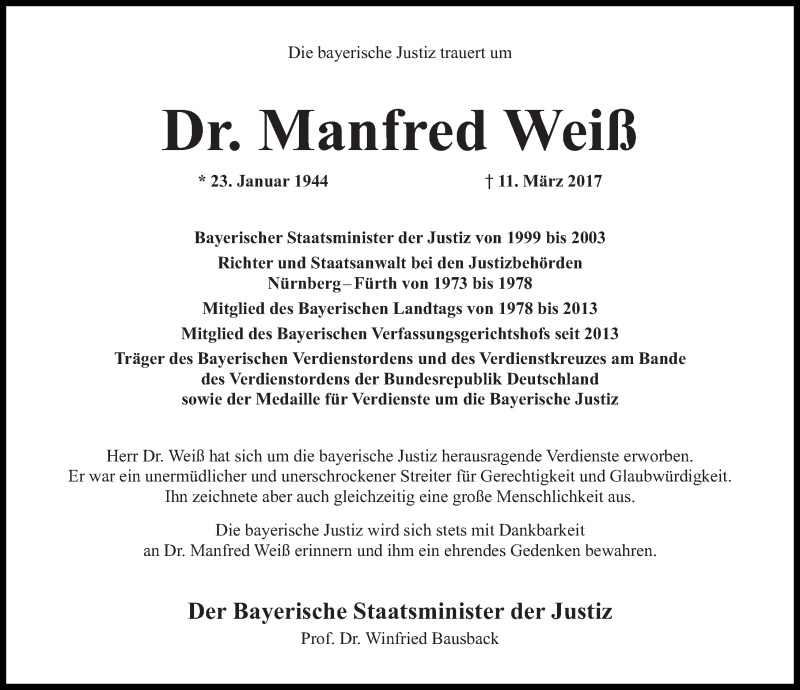  Traueranzeige für Manfred Weiß vom 18.03.2017 aus Roth-Hilpoltsteiner Volkszeitung Lokal