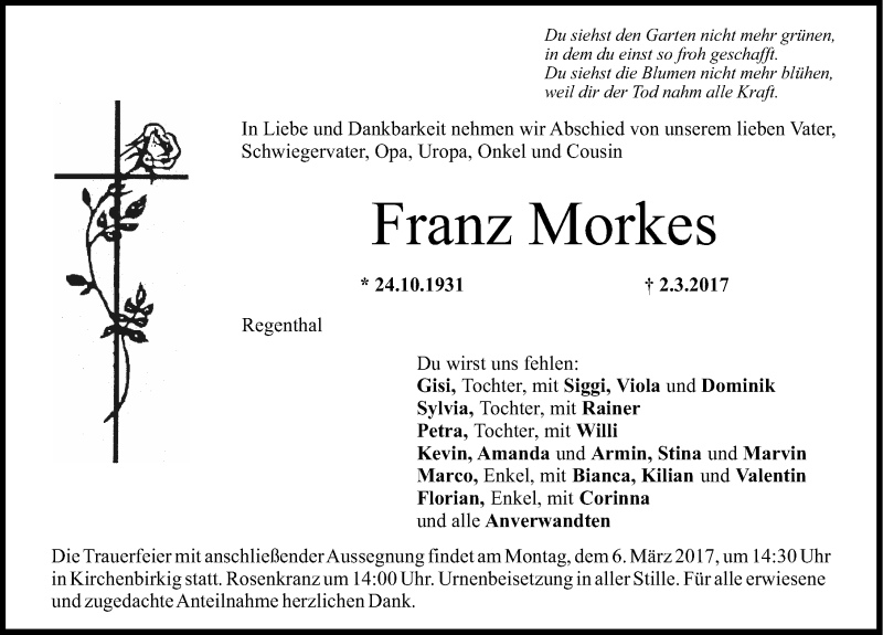  Traueranzeige für Franz Morkes vom 04.03.2017 aus Nordbayerische Nachrichten Pegnitz Lokal