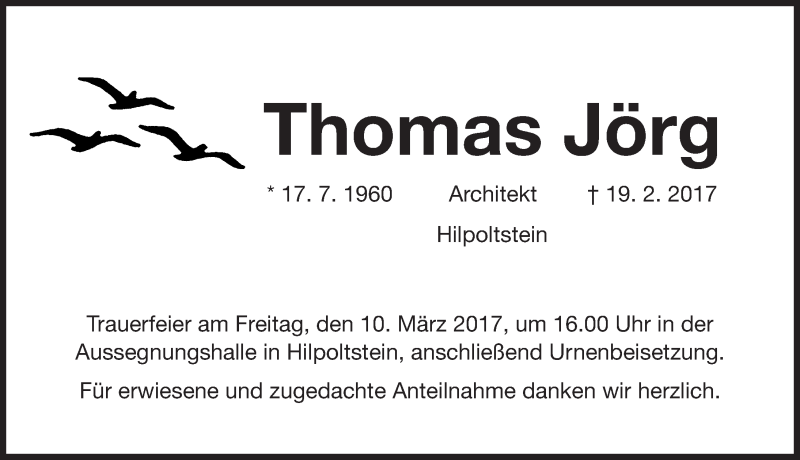  Traueranzeige für Thomas Jörg vom 07.03.2017 aus Roth-Hilpoltsteiner Volkszeitung Lokal