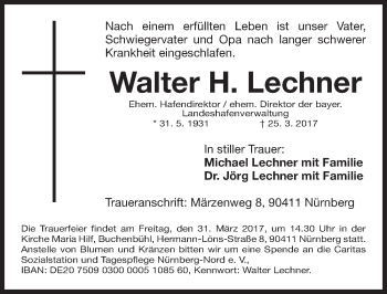 Traueranzeige von Walter Lechner von Gesamtausgabe Nürnberger Nachrichten/ Nürnberger Ztg.