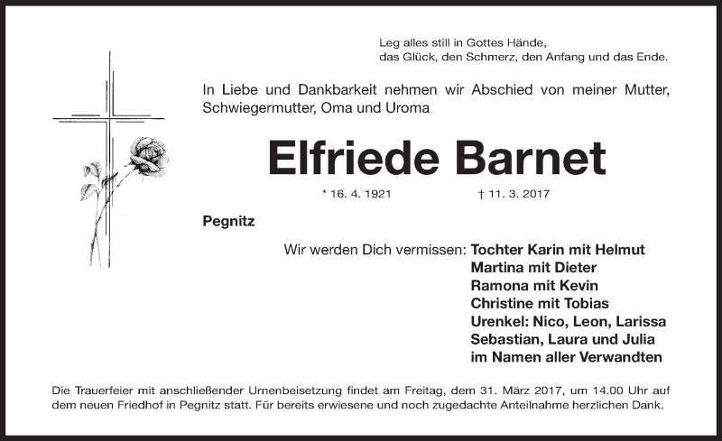  Traueranzeige für Elfriede Barnet vom 28.03.2017 aus Nordbayerische Nachrichten Pegnitz Lokal