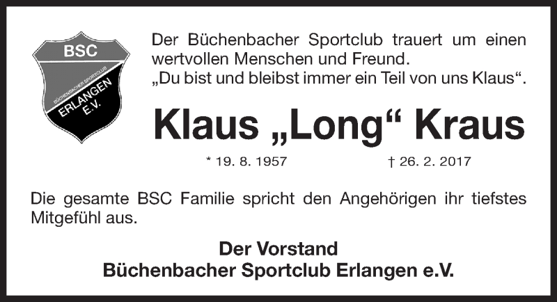  Traueranzeige für Klaus Kraus vom 09.03.2017 aus Erlanger Nachrichten Lokal