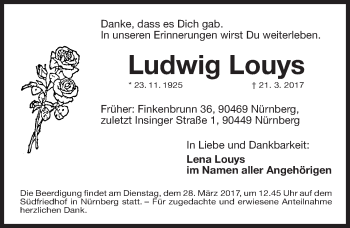 Traueranzeige von Ludwig Louys von Gesamtausgabe Nürnberger Nachrichten/ Nürnberger Ztg.