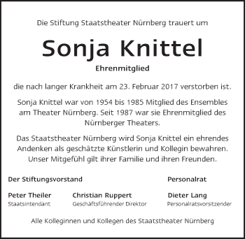 Traueranzeige von Sonja Knittel von Gesamtausgabe Nürnberger Nachrichten/ Nürnberger Ztg.