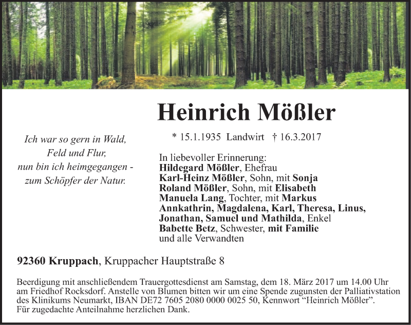  Traueranzeige für Heinrich Mößler vom 17.03.2017 aus Neumarkter Nachrichten Lokal