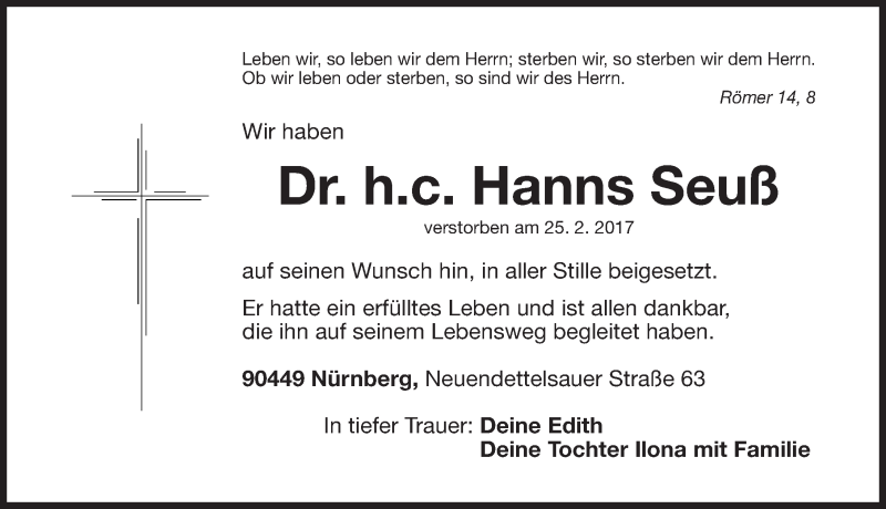  Traueranzeige für Hanns Seuß vom 04.03.2017 aus Gesamtausgabe Nürnberger Nachrichten/ Nürnberger Ztg./ Fürther Nachrichten