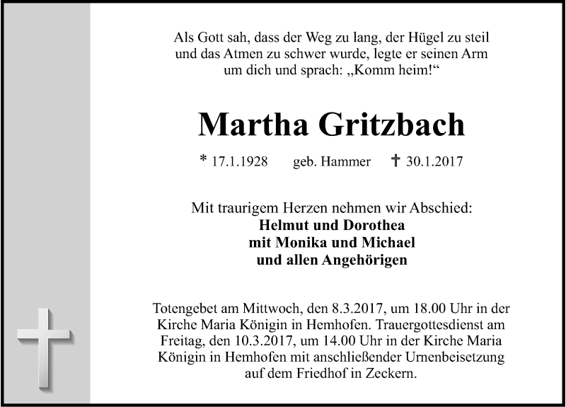  Traueranzeige für Martha Gritzbach vom 04.03.2017 aus Nordbayerische Nachrichten Herzogenaurach Lokal