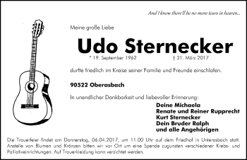 Traueranzeige von Udo Sternecker von Gesamtausgabe Nürnberger Nachrichten/ Nürnberger Ztg.