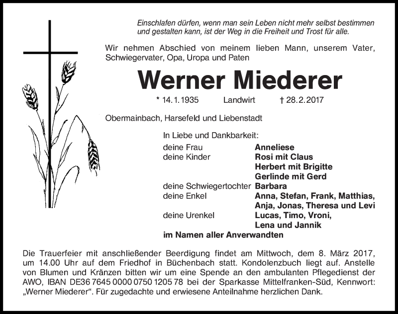  Traueranzeige für Werner Miederer vom 04.03.2017 aus Roth-Hilpoltsteiner Volkszeitung Lokal