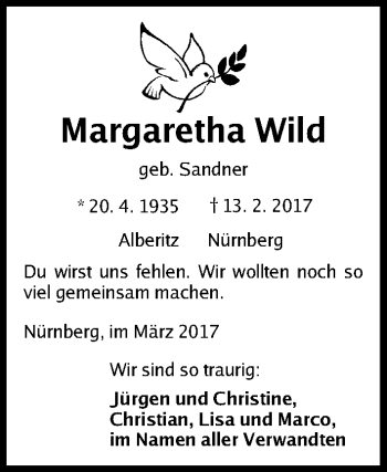 Traueranzeige von Margaretha Wild von Gesamtausgabe Nürnberger Nachrichten/ Nürnberger Ztg.