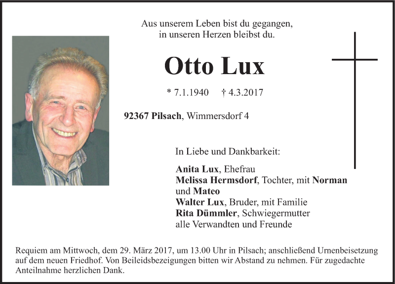  Traueranzeige für Otto Lux vom 27.03.2017 aus Neumarkter Nachrichten Lokal