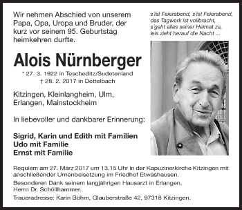 Traueranzeige von Alois Nürnberger von Erlanger Nachrichten Lokal