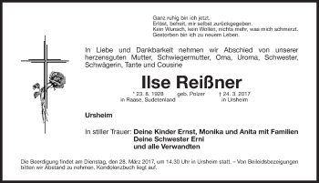 Traueranzeige von Ilse Reißner von Altmühl-Bote Lokal