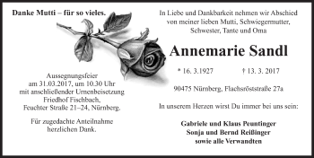 Traueranzeige von Annemarie Sandl von Gesamtausgabe Nürnberger Nachrichten/ Nürnberger Ztg.