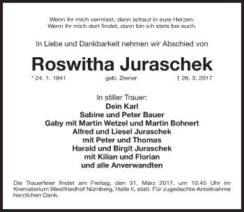 Traueranzeige von Roswitha Juraschek von Gesamtausgabe Nürnberger Nachrichten/ Nürnberger Ztg.