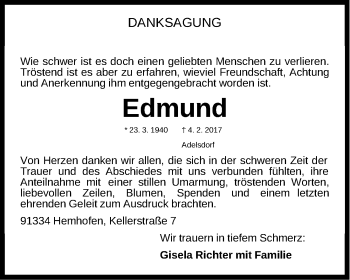 Traueranzeige von Edmund Richter von Nordbayerische Nachrichten Herzogenaurach Lokal