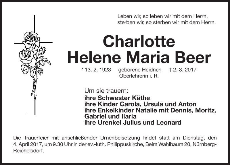  Traueranzeige für Charlotte Helene Maria Beer  vom 01.04.2017 aus Gesamtausgabe Nürnberger Nachrichten/ Nürnberger Ztg.