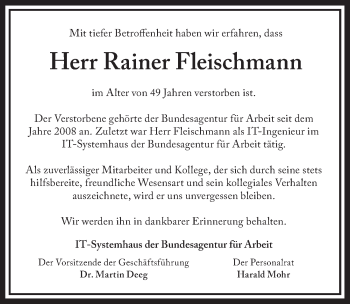 Traueranzeige von Rainer Fleischmann von Gesamtausgabe Nürnberger Nachrichten/ Nürnberger Ztg.
