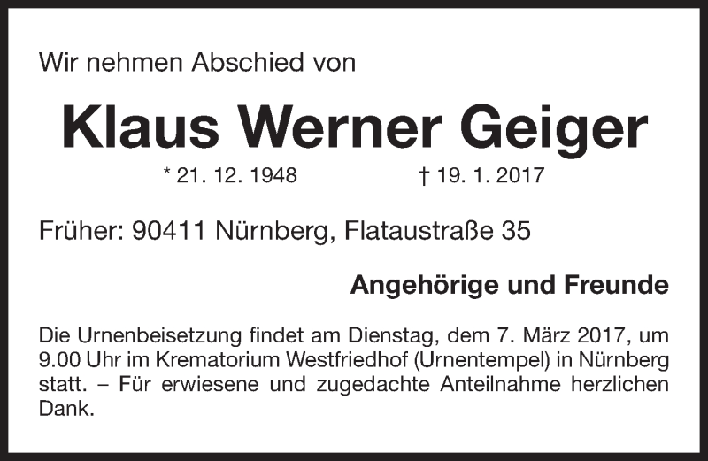  Traueranzeige für Klaus Geiger vom 04.03.2017 aus Gesamtausgabe Nürnberger Nachrichten/ Nürnberger Ztg.