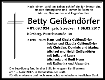 Traueranzeige von Betty Geißendörfer von Gesamtausgabe Nürnberger Nachrichten/ Nürnberger Ztg.