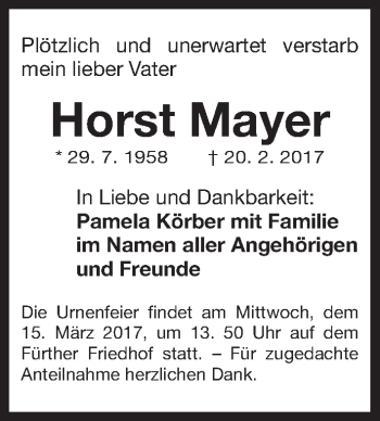 Traueranzeige von Horst Mayer von Fürther Nachrichten Lokal