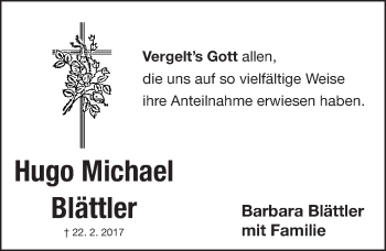 Traueranzeige von Hugo Michael Blättler von Gesamtausgabe Nürnberger Nachrichten/ Nürnberger Ztg.